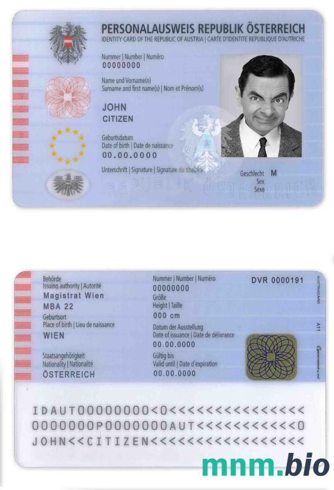 Szablon dowodu osobistego Austrii w PSD, w pełni edytowalny
